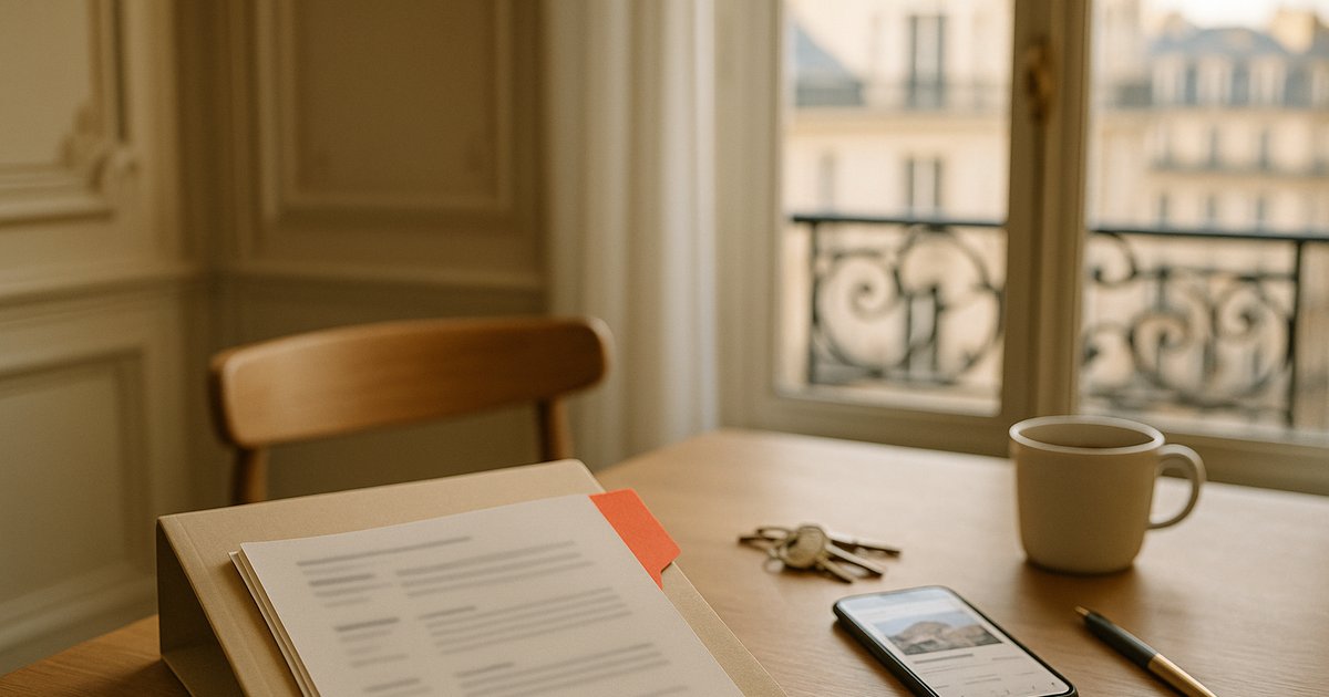 Dossier de location rangé dans une pochette, prêt à envoyer, sur un bureau d'appartement parisien lumineux